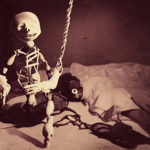 Prompt: female alive, creepy marionette puppet, one beside another, one disassembled, horrific, unnerving, clockwork horror, pediophobia, lost photograph, dark, forgotten, final photo found before disaster, human laying unconscious in the background, polaroid,