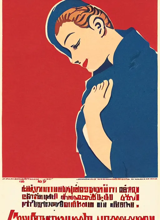 Prompt: soviet propaganda psoter of a woman covering her ears and with closed eyes