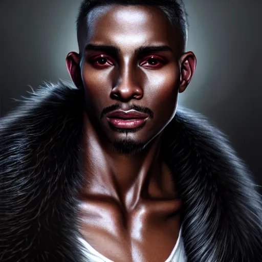 Image similar to portrait painting of a beautiful black man with cut scars and cropped hair wearing a tattered fur coat, ultra realistic, concept art, intricate details, eerie, highly detailed, photorealistic, octane render, 8 k, unreal engine. art by artgerm and greg rutkowski and charlie bowater and magali villeneuve and alphonse mucha