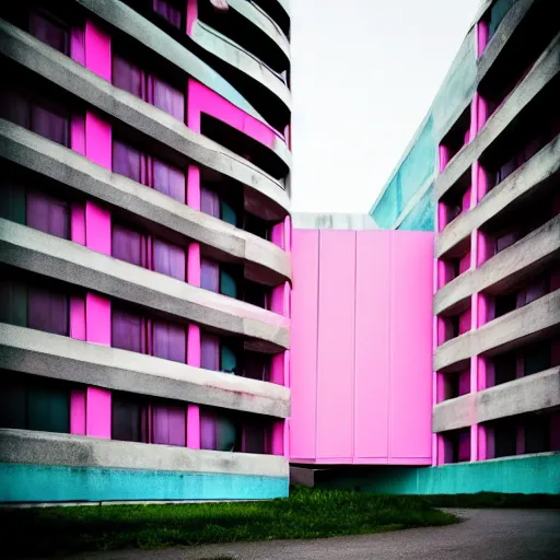 Prompt: a photo of a brutalist building with accents of pink and cyan. dark and moody.
