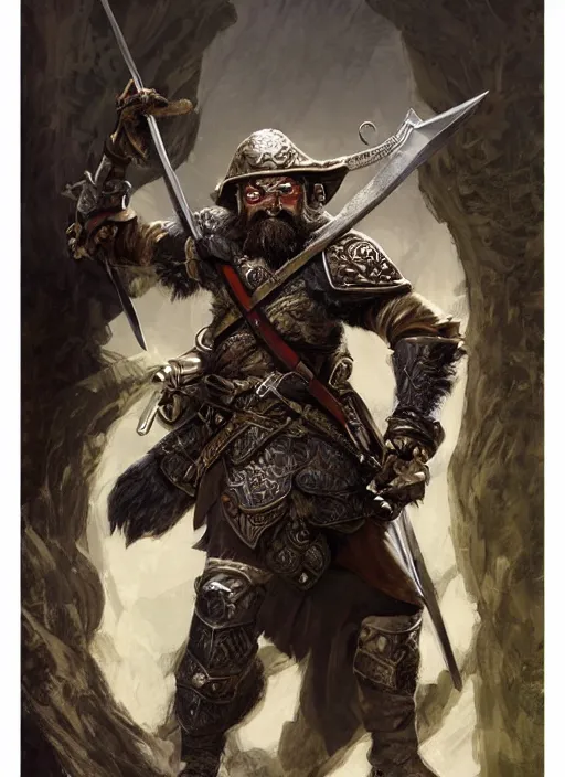 Image similar to strong young man, photorealistic bugbear ranger holding aflaming sword, black beard, dungeons and dragons, pathfinder, roleplaying game art, hunters gear, jeweled ornate leather and steel armour, concept art, character design on white background, by alan lee, norman rockwell, makoto shinkai, kim jung giu, poster art, game art