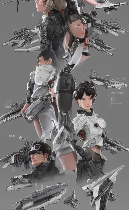 Prompt: highly detailed, high resolution, character design art, stunning, volumetric lightning, realistic guns, matte, sharp focus, intricate, 150mm, illustration, artstation, by kuvshinov ilya, realistic human anatomy, simple design, realistic military gear, from royal space force the wings of honnêamise movie