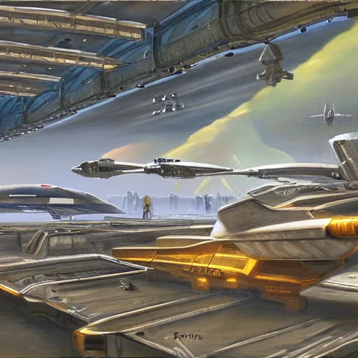 Prompt: painting of a scifi hangar with spaceships, greg rutowski