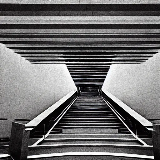 Prompt: black and white surreal photograph, highly detailed vast space made of stairsteps, sideview, detailed textures, natural light, mist, architecture photography, film grain, soft vignette, sigma 1 4 mm f / 1. 4 1 / 1 0 sec shutter, darren aronofsky film still promotional image, imax 7 0 mm footage