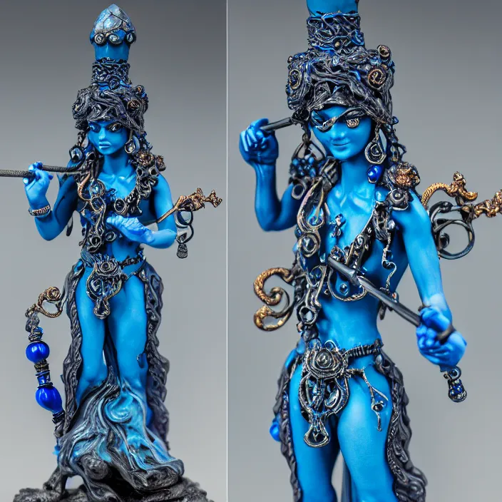 Prompt: photograph of a very beautiful elemental water witch with ornate blue robs and staff, extremely detailed. dslr. 8 5 mm.