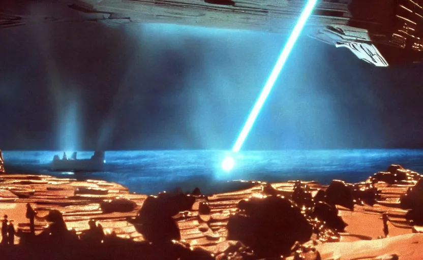 Prompt: iconic cinematic screen shot of star destroyer waterfall canyon planet, from the action packed scene from the 1 9 7 0 s star wars sci fi film by stanley kubrick, glowing lasers, kodak film stock, anamorphic lenses 2 4 mm, lens flare, iconic cinematography, award winning