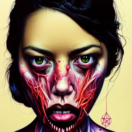 Image similar to a dream portrait of aubrey plaza dancing, beautiful, terrifying, melting, webbing, 8 k, by tristan eaton, stanley artgerm, tom bagshaw, greg rutkowski, carne griffiths, ayami kojima, beksinski, giger, trending on deviantart, face enhance, hyper detailed, minimalist, horror, full colour