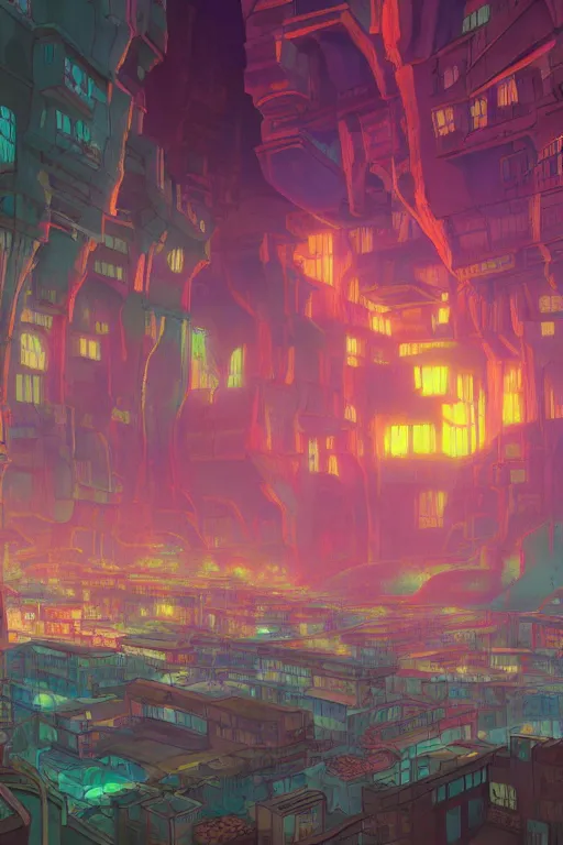 Image similar to cave city inception reflected on ceiling 4 k digital paint by studio ghibli hayao miyazaki. vivid colours, vaporwave lighting style, very sharp and detailed. trending on artstation and behance.