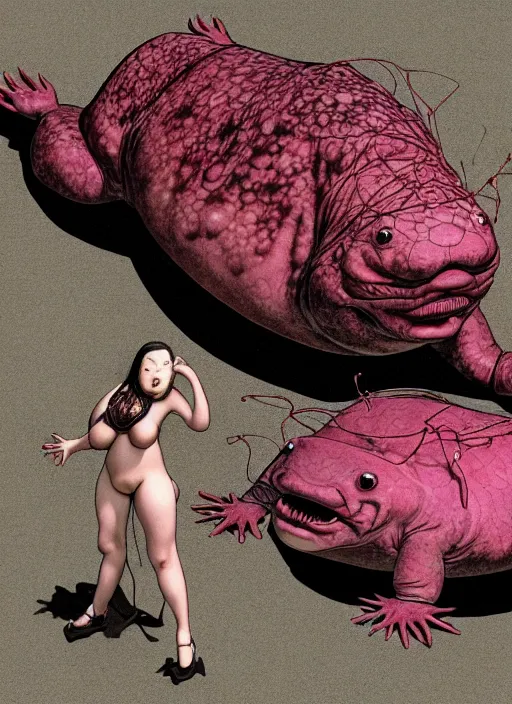 Image similar to fat woman - axolotl posing near a ford taurus lx 1 9 8 6, intertwined, gothic, rich deep colors, drawn by by kim jung gi, takato yamamoto. masterpiece. rendered in blender, smooth shadows, ultra detail, high resolution, cinematic unreal 6, 8 k