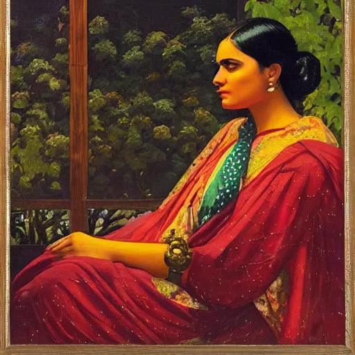 Prompt: portrait of a lady sitting in the garden, futurstic cyberpunk, sunset, raja ravi verma