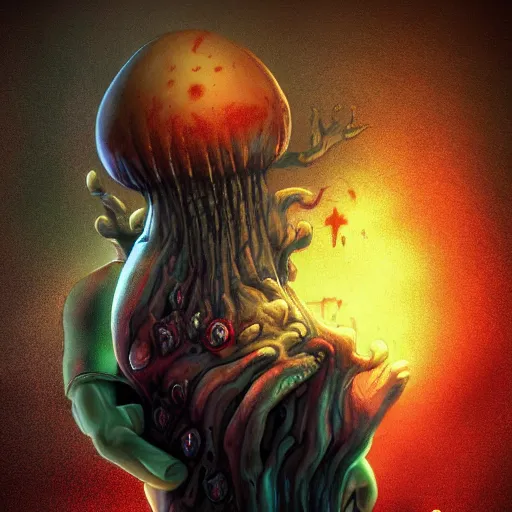 Prompt: Infected mushroom, zombified mushroom with facial features, style of Infected mushroom cover art, monstrocity big mushroom pose, micro lens, infection, epic psycho, pose, enlightment, illumination, epic digital art, HD Quality, Artstation, UHD 4K image