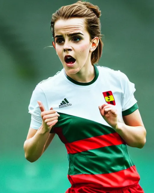 Image similar to a portrait of emma watson as a lokomotiv football player, hyper realistic