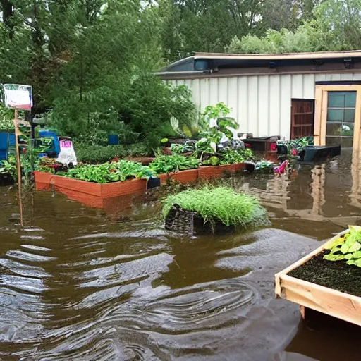 Prompt: The outdoor gardening center section of a Lowe's, completely flooded