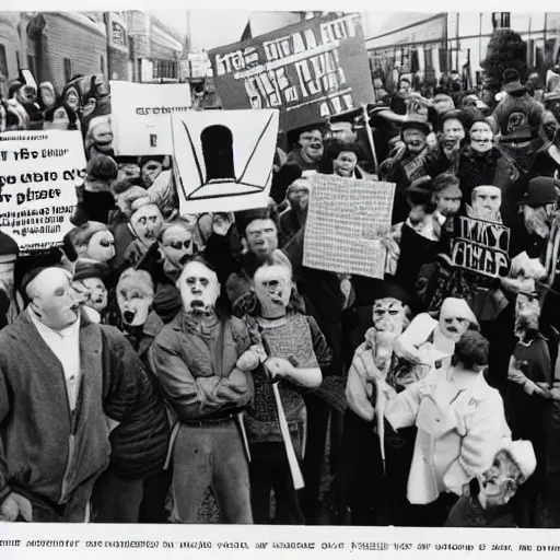 Image similar to robots rights protest, vintage press photo