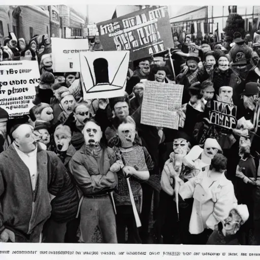 Prompt: robots rights protest, vintage press photo