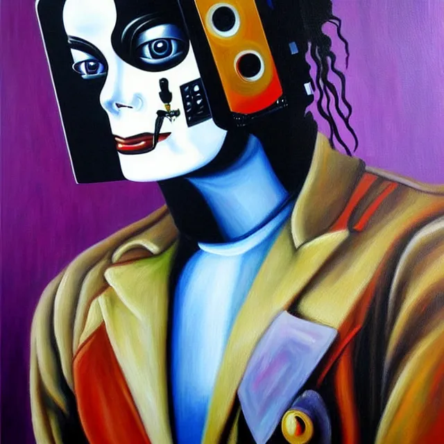 Prompt: a beautiful painting cyberpunk robot michael jackson bloody face, by salvador dali realistic oil painting