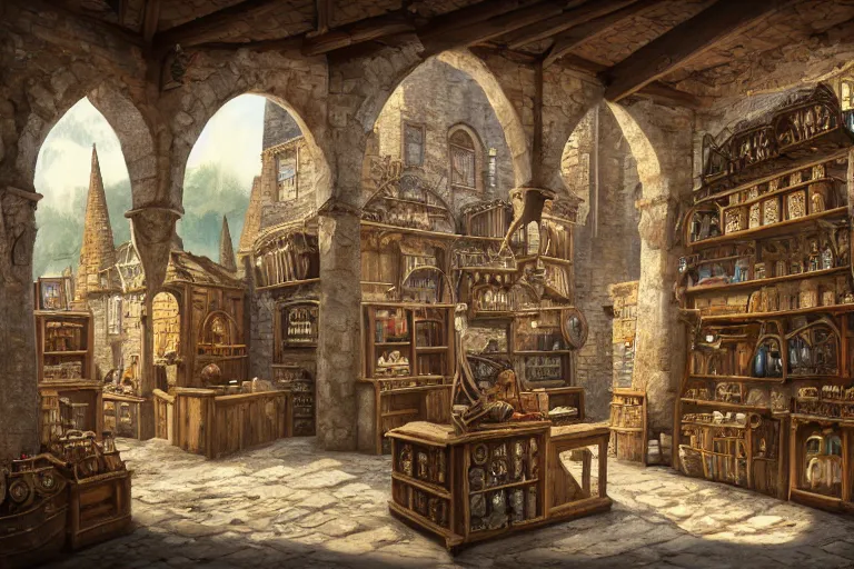 Prompt: A medieval shop viewed from the outside, texture, intricate, details, highly detailed, masterpiece, architecture, building, trending on artstation, focus, sharp focus, concept art, digital painting, fantasy, sunny, day, midday