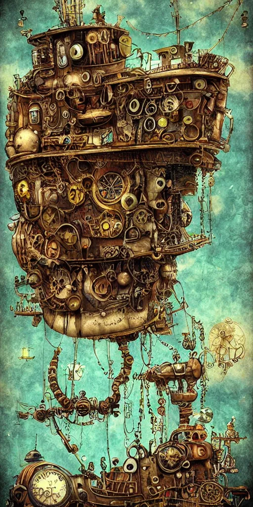 Prompt: a detailed digital painting of an organic steampunk living submarine by alexander jansson and where's waldo and leonardo da vinci