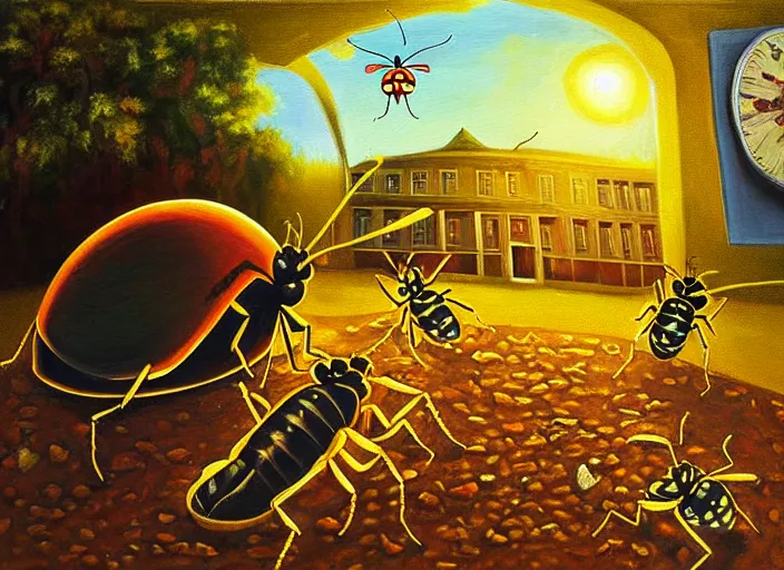 Image similar to killer insect invades the school, it's looking for ice cream, oil painting golden hour masterpiece