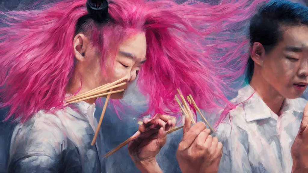 Image similar to asian person with chopsticks fighting a person with pink hair, cinematic, 4 k, oil painting