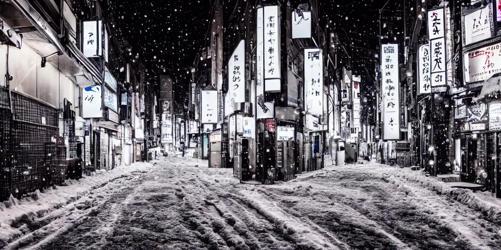 Image similar to a city street at night, snowing, photograph, cyberpunk, sharp focus, intricate detail, Desolate, drone shot, high resolution, 8k, neon streetlights, wires hanging down everywhere, Japan