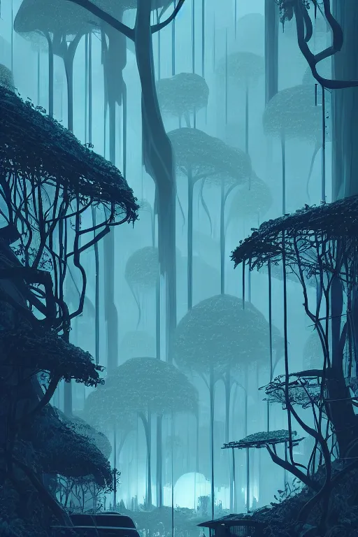 Image similar to emissary city in a jungle with a soft blue hue uder glow to the leaves, rain falling, vines, by arthur haas by james gilleard and laurie greasley, textured, cinematic matte painting, zaha hadid building, photo realism, dark moody color palate, blue hour stars, desolate glacial landscape,