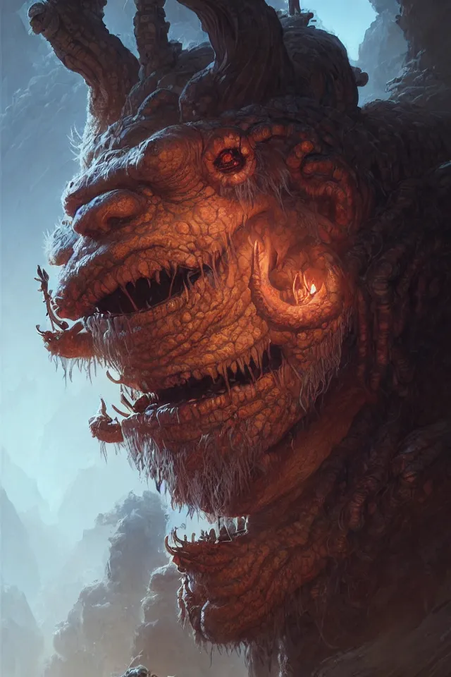Image similar to close portrait of a blind cave troll, dungeons and dragons, savage monster, intricate, fantasy, extremely detailed, digital painting, artstation, concept art, smooth, sharp focus, illustration, ambient lighting, art by artgerm and greg rutkowski and alphonse mucha and simon stalenhag