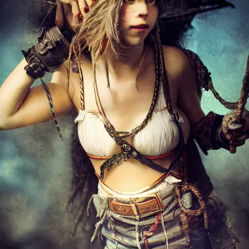 Prompt: full body pose, hyperrealistic photograph of a drunk pirate woman, dim volumetric lighting, 8 k, octane beautifully detailed render, extremely hyper detailed, intricate, epic composition, cinematic lighting, masterpiece, trending on artstation, very very detailed, stunning, hdr, smooth, sharp focus, high resolution, award, winning photo, dslr, 5 0 mm