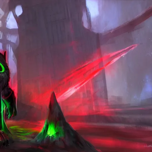 Image similar to penguin with red glowing eyes in front of a green glowing tower in the background, guild wars 2 art style