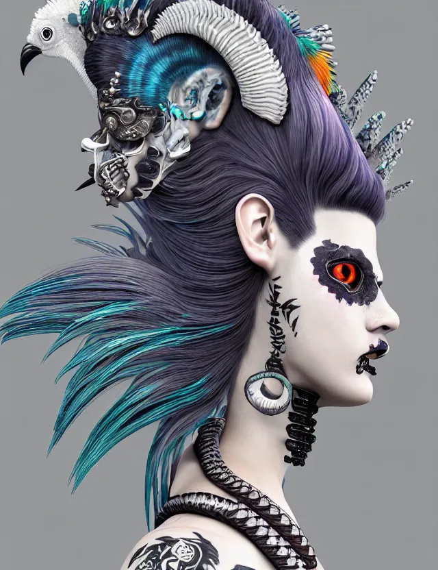 Image similar to 3 d goddess close - up profile portrait punk with mohawk with ram skull. beautiful intricately detailed japanese crow kitsune mask and clasical japanese kimono. betta fish, jellyfish phoenix, bio luminescent, plasma, ice, water, wind, creature, artwork by tooth wu and wlop and beeple and greg rutkowski