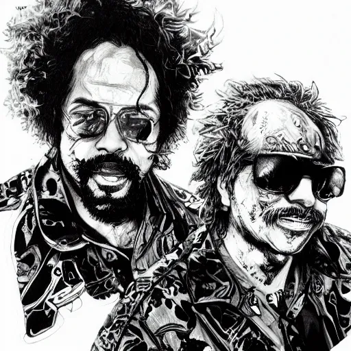 Prompt: portrait of cheech and chong, concept art, sumi - e style, intricate linework, artstation, trending, highly detailed, smooth, focus, art by yoji shinkawa,