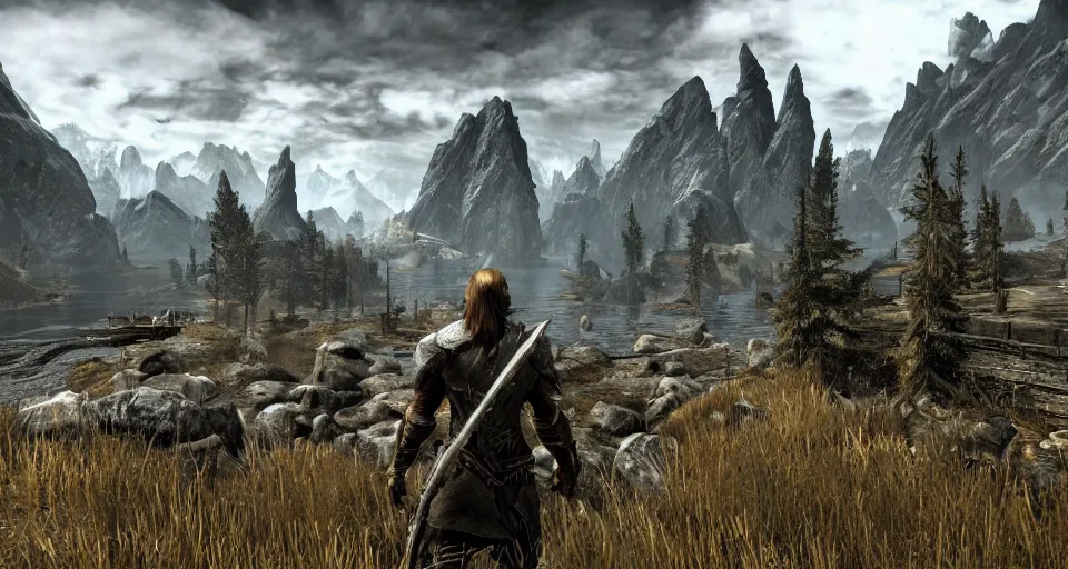 Image similar to skyrim landscape in the style of grand theft auto v cover art digital artwork