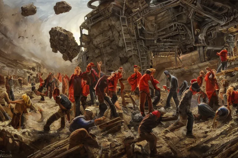 Prompt: oil painting of intense dramatic still of a ragtag group of miners and factory workers with improvised weapons and pistols and red scarves below their necks, on the surface of an asteroid, outside of a high tech scifi industrial building, medium shot, oil painting by charles frederic ulrich, pablo olivera, normal rockwell, greg rutkowski, trending on artstation, incredible detail