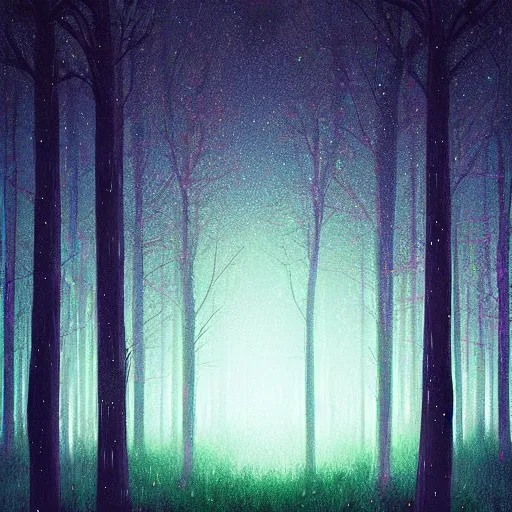 Image similar to forest at night with floating lights by Alena Aenami