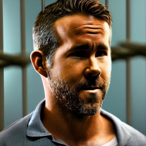 Image similar to Ryan Reynolds in prison uniform behind bars, holding the bars with his hands wanting out, highly detailed, high quality, HD, 4k, 8k, Canon 300mm, professional photographer, 40mp, lifelike, top-rated, award winning, realistic, sharp, no blur, edited, corrected, trending