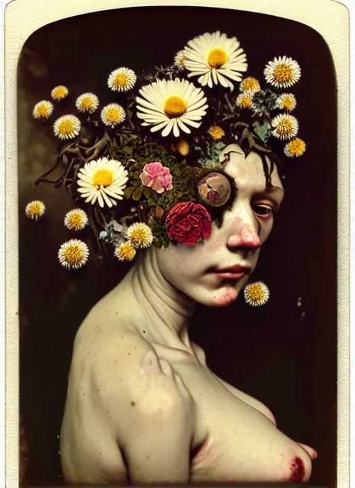 Image similar to beautiful and detailed rotten woman made of plants and many types of stylized flowers like carnation, daisy, chrysanthemum, anemone, roses and tulips, intricate, surreal, john constable, gustave courbet, caravaggio, romero ressendi, bruno walpoth 1 9 1 0 polaroid photo