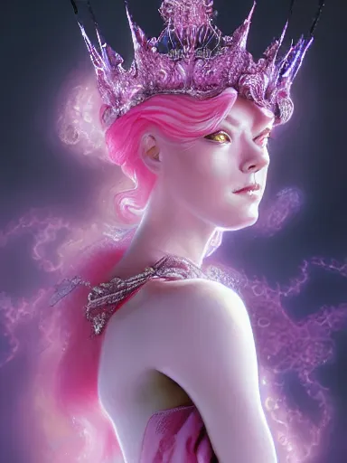 Prompt: pink portrait of young beautiful female angel queen Emma Stone head wearing shiny pink crown, subtle purple accents, hyper details, black metal rococo, sculpted by Alex Alice, Craig Mullins, yoji shinkawa, trending on artstation, beautifully lit, Peter mohrbacher, hyper detailed, insane details, intricate, elite, elegant, luxury, ray of light through smoke, CGsociety, hypermaximalist, golden ratio, background urban cityscape, night, neofuture, volumetric, octane render, weta digital, micro details, 3d sculpture