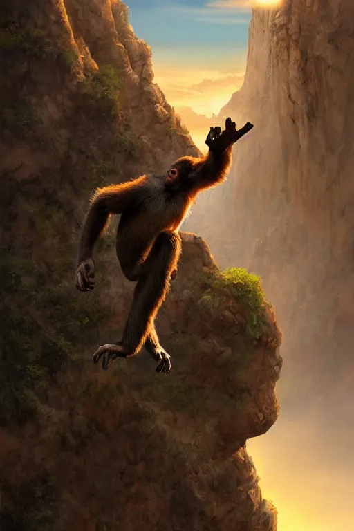 Image similar to a monkey standing at the top of a cliff throwing a bone in the air , dramatic lighting, cinematic, establishing shot, extremly high detail, photorealistic, cinematic lighting, artstation, style by James Gurney