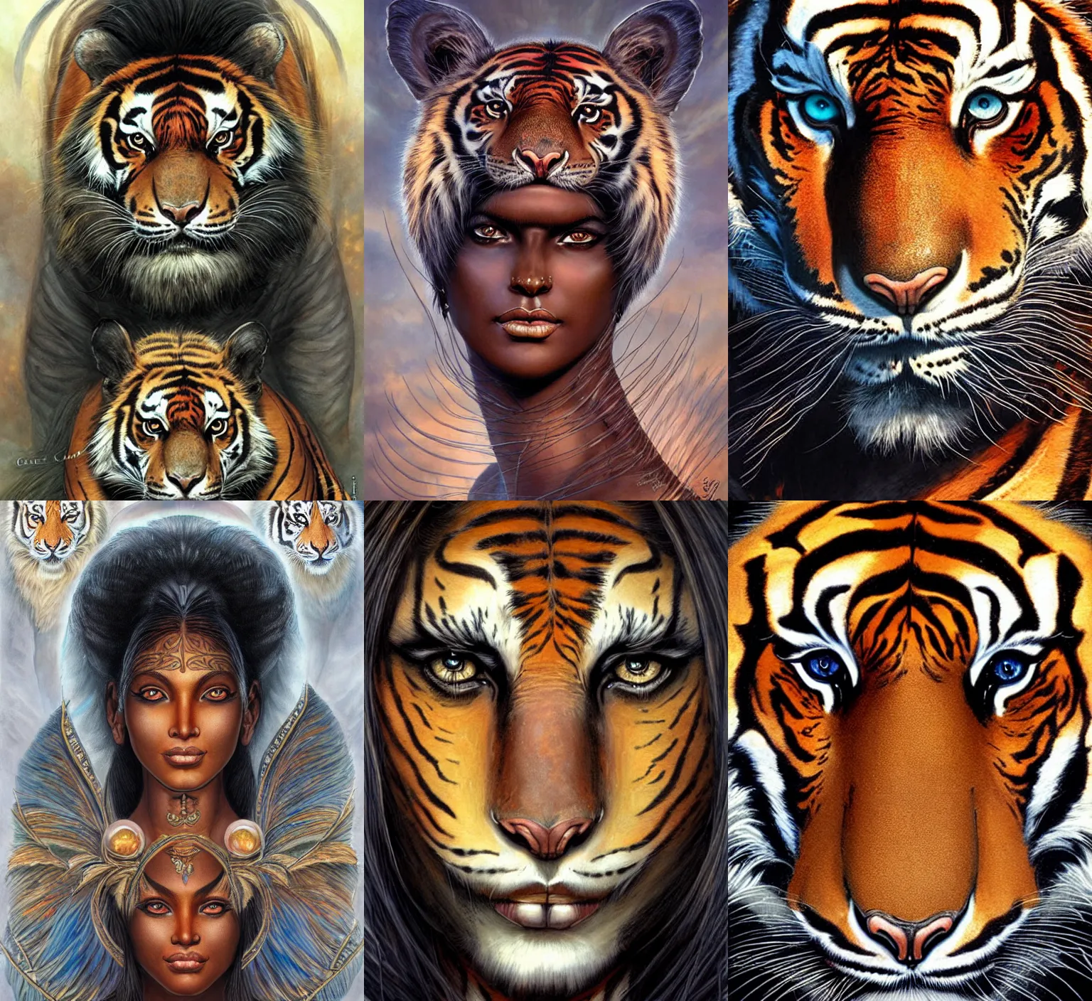 Prompt: stunning goddess of tigers portrait, clear eyes and dark skin. realistic, symmetrical face. art by bowater charlie, mark brooks, julie bell, arian mark, tony sandoval