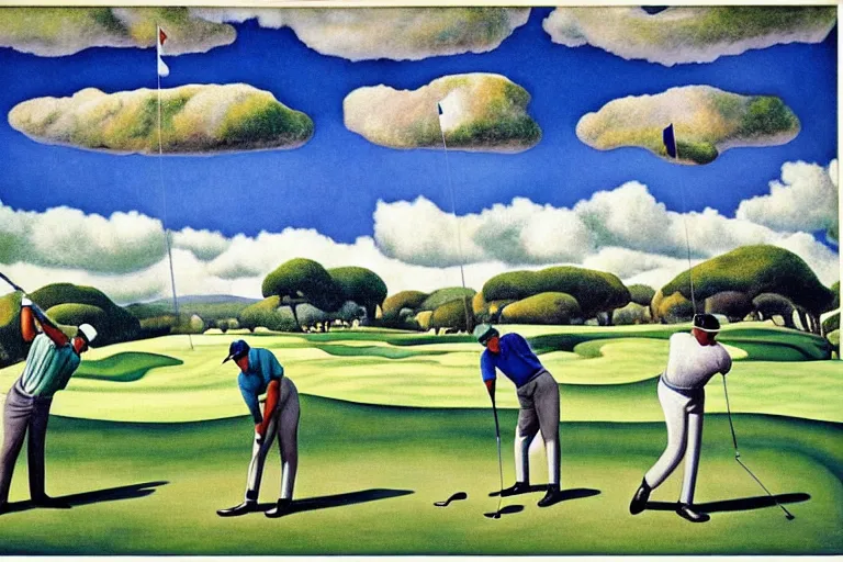 Prompt: Three golfers on a beautiful golf course, wonderous could formations in sky, by Diego Rivera