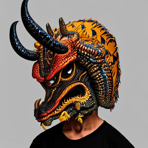 Prompt: side profile of barong family member, wiwek, mara demon, one single tribe member, jungle, one single mask, dark, ancient warrior, snake, bull, lizard, alien, dragon, tribal, inner glow, art by dan mumford and justin gerard