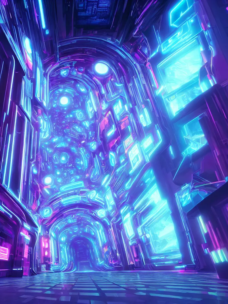 Image similar to entrance to mainframe ethereal realm, ai sentient, rendered in unreal engine, central composition, symmetrical composition, dreamy colorful cyberpunk colors, 6 point perspective, fantasy landscape with anthropomorphic terrain in the styles of igor morski, jim warren and rob gonsalves, intricate, hyperrealistic, volumetric lighting, neon ambiance, distinct horizon