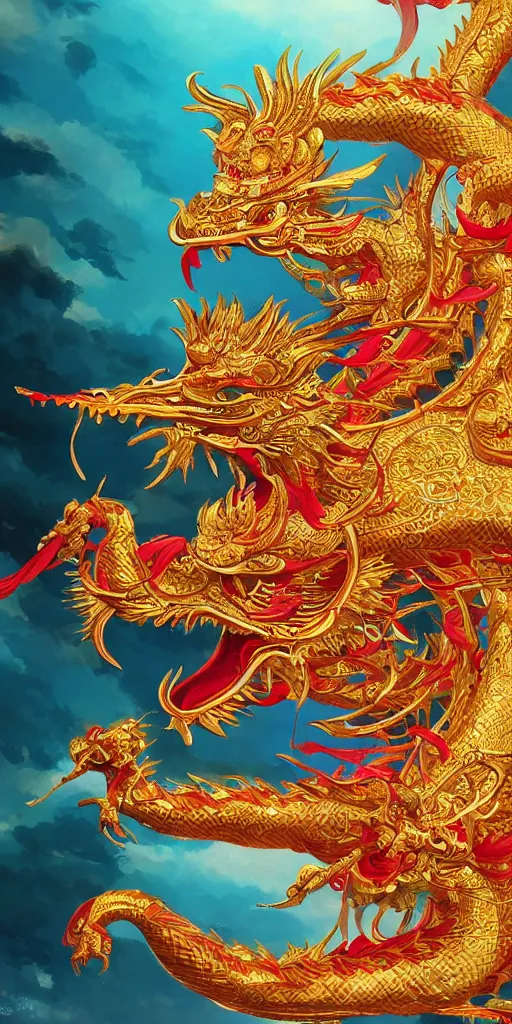Prompt: golden paper + an intricate chinese dragon depiction + elaborate red illustration by wu daozi, makoto shinkai, tang yin, very detailed, deviantart, 8 k vertical wallpaper, tropical, colorful, airy, anime illustration, anime nature wallpap