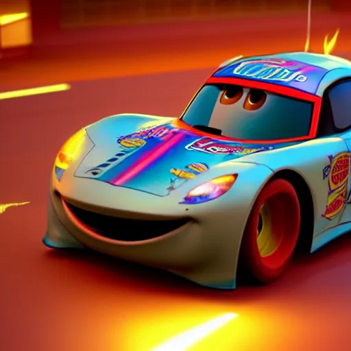 Image similar to lightning mcqueen ray - tracing render, unreal engine, 3 d, atmospheric light, godrays, award - winning, maya, blender