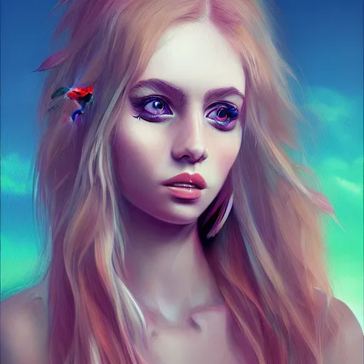 Image similar to portrait of a young blonde alternative instagram girl with a parrot, upper body, long hair, intricate, highly detailed, digital painting, artstation, concept art, matte, sharp focus, illustration