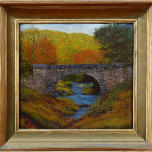 Image similar to Stone bridge over brook, pastoral scene. Autumn, changing leaves. Oil on canvas, award winning