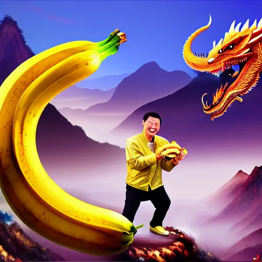 Prompt: Chinese president with bananas, battle with dragon, mountains background, fantasy art, 4k