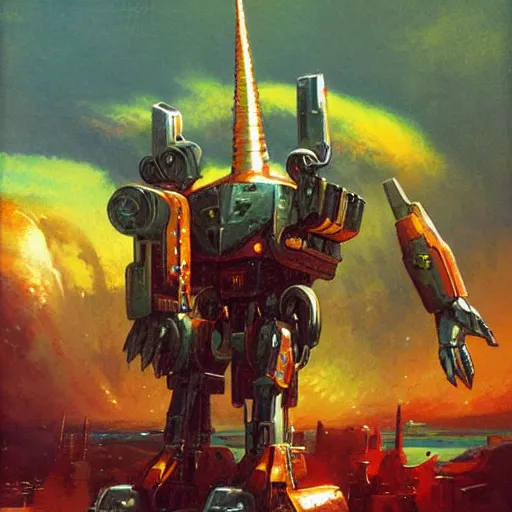 Image similar to a large anthropomorphic unicorn shaped mecha by paul lehr and moebius