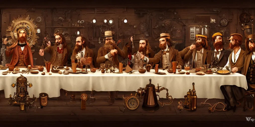 Image similar to steampunk last supper by wes anderson, digital painting, trending on artstation, sharp focus, 4 k