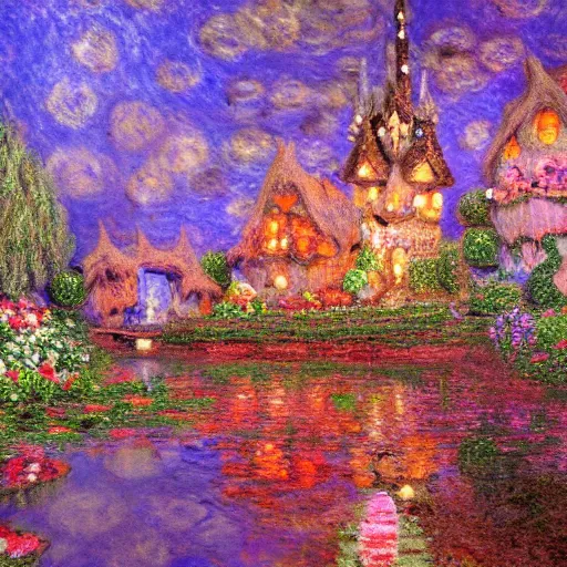 Prompt: Intricate five star Fairy Village by monet, oil on canvas, HDR, high detail, Photo realistic, hyperrealism,matte finish, high contrast, 3d depth, masterpiece, vivid and vibrant colors, enhanced light effect, enhanced eye detail,artstationhd